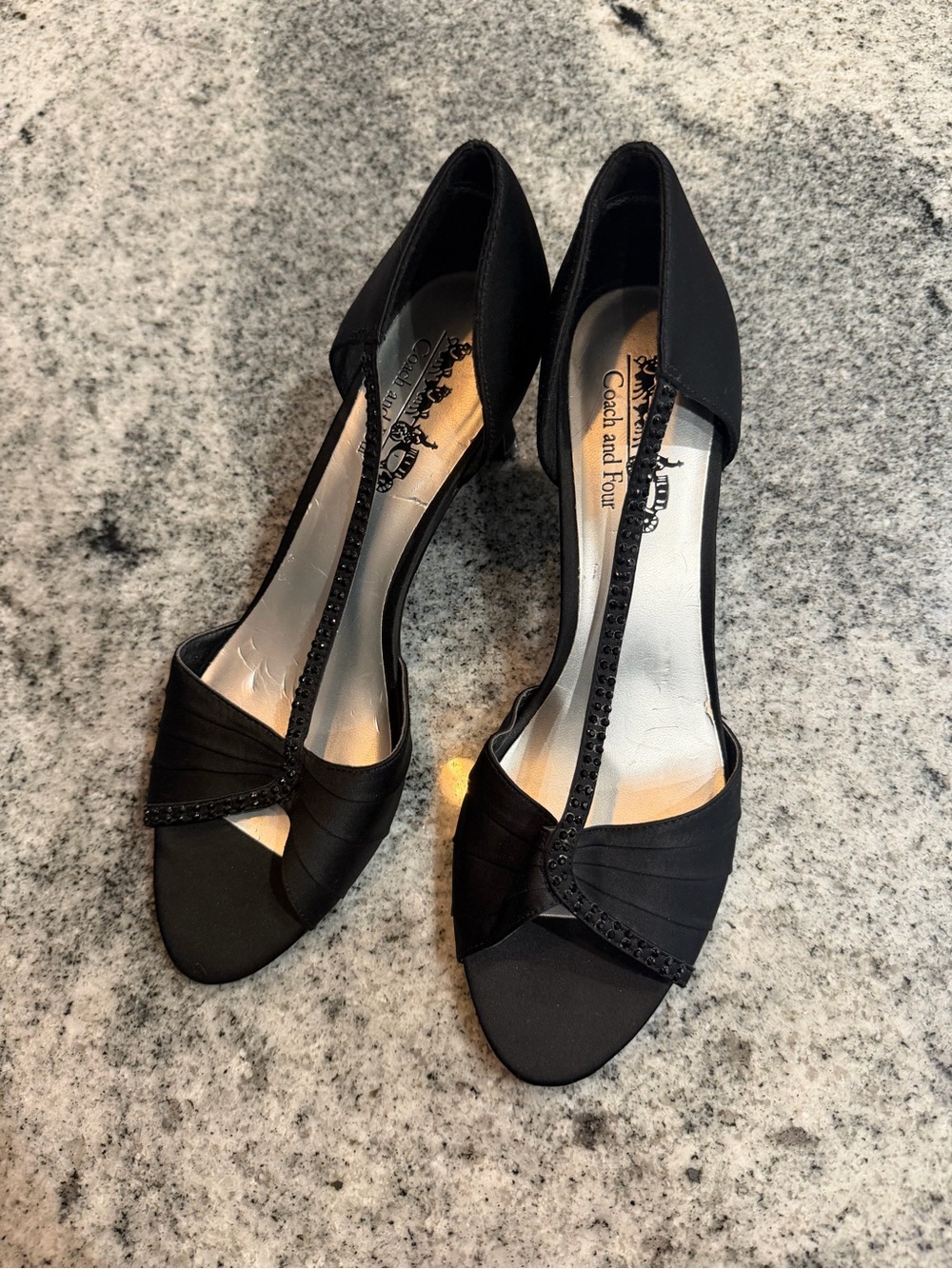 Coach and Four Black Satin T-Strap Dress Heels with Rhinestone Detail